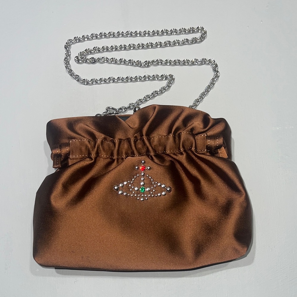 NEW Vivian Westwood Elegant Brown Satin Clutch with Chain Strap